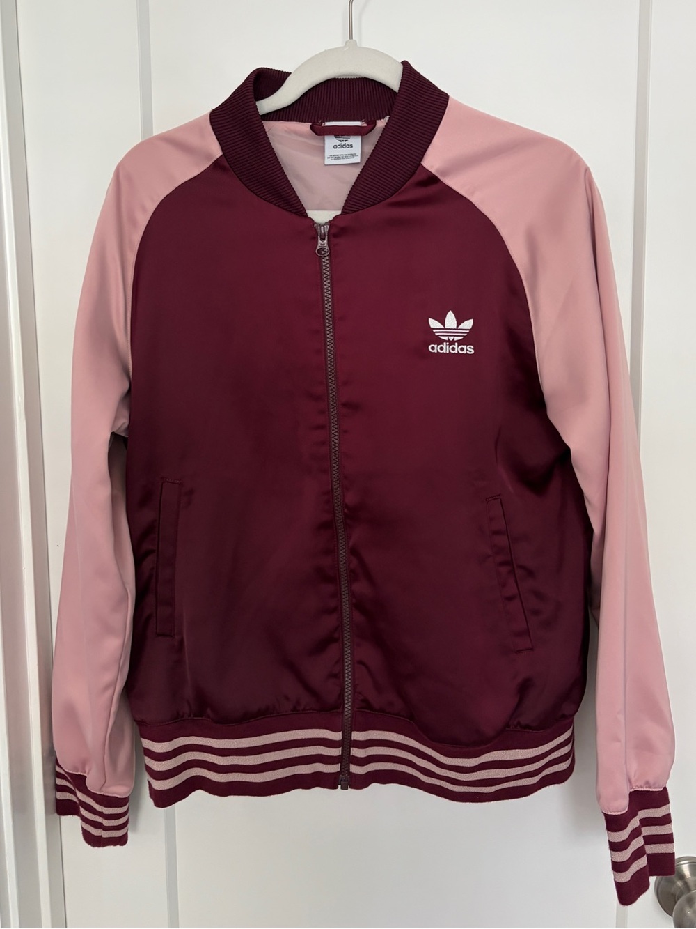 adidas Maroon and Pink Women's Varsity Bomber Jacket | Medium